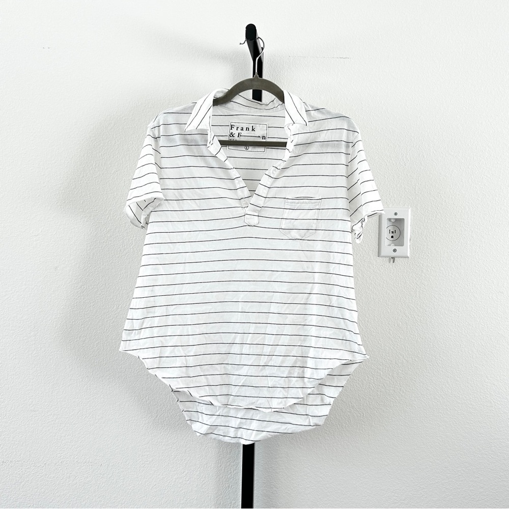 FRANK & EILEEN Charlotte Perfect Polo White Stripe, Size L, New